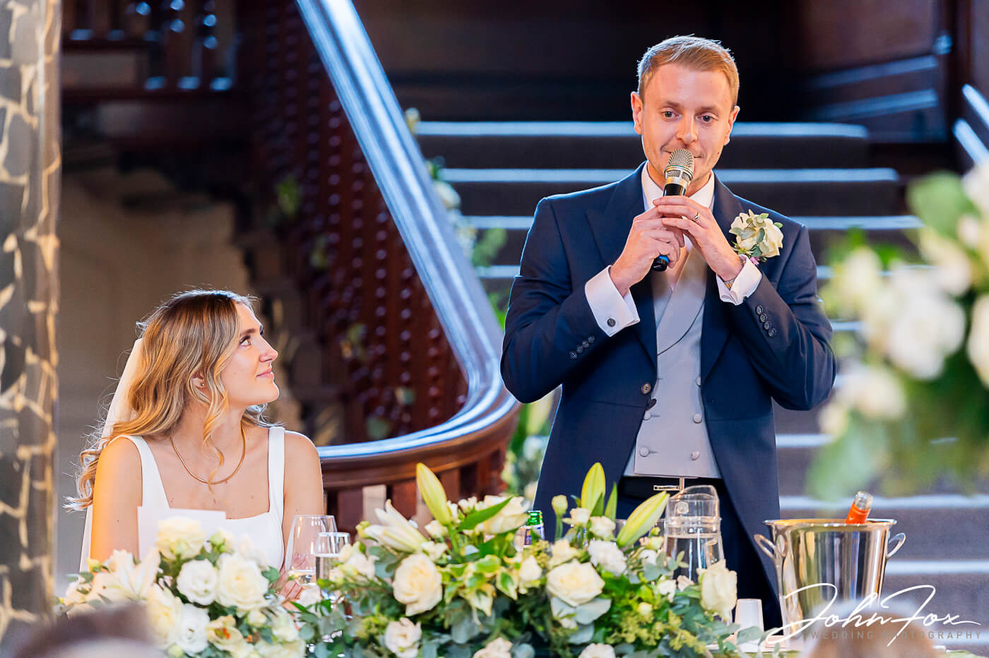 James, the groom, during his speech at his and Lorna's wedding celebrations at Chicheley Hall.