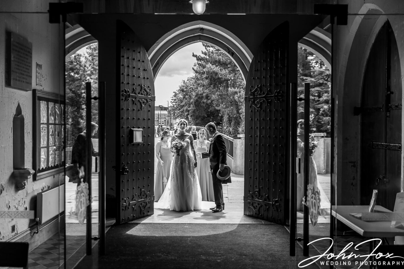 The bride at the entrance to St Mary's Church in Derby.