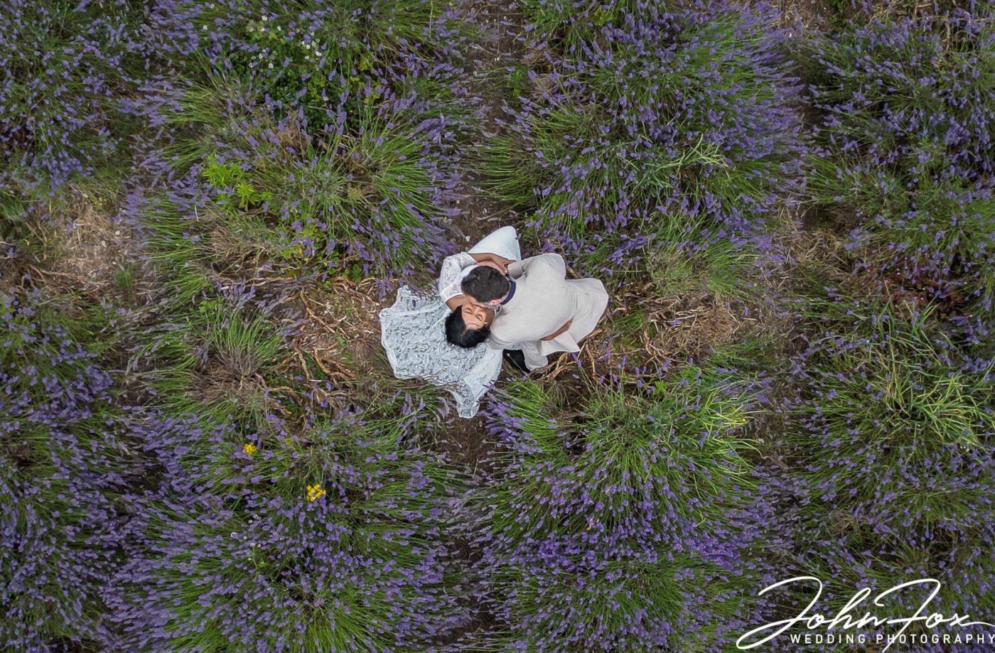 Aerial image from John Fox's drone. The happy couple embracing in the lavender fields.