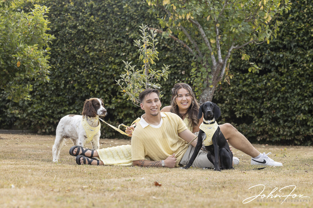 Sophie and Isaac with their dogs at Blakelands Estate pre-wedding shoot